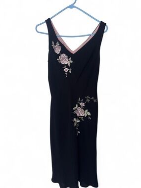 Black Slip Dress with Pink Rose Embroidery